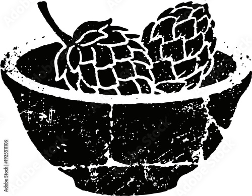 Rustic bowl with two hop cones illustration vintage distressed brewing ingredient design for beer making