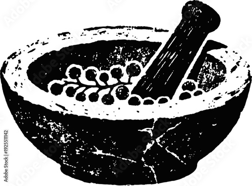 Vintage mortar and pestle illustration with peppercorns for grinding and crushing spices