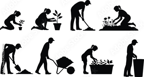 Gardening activity silhouette illustration set, people planting, digging, shoveling, and tending plants, vector graphics for agriculture, landscaping, and hobby themes