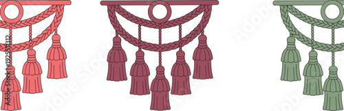 Decorative tassel vector illustration with braided cords, colorful hanging ornaments in red, maroon, and green for textile and interior design