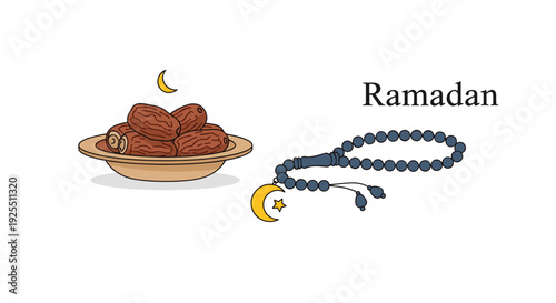 A shallow bowl filled with brown dates next to a blue prayer bead string and a yellow crescent moon with the word Ramadan written in black.