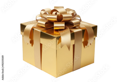 Golden gift box with ribbon isolated on transparent background