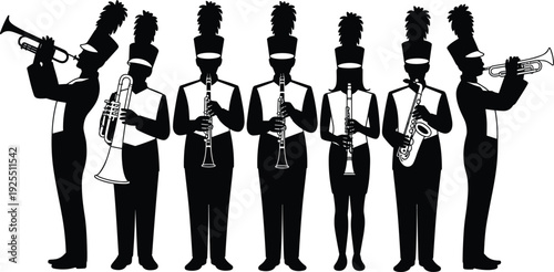 Marching band silhouette illustration set, musicians with trumpets, clarinets, saxophone, trombone, sousaphone, vector graphics for music and performance themes