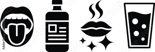 Oral hygiene illustration set, mouthwash sequence with open mouth, bottle, fresh breath, and rinse glass, stylized vector graphics for dental care themes