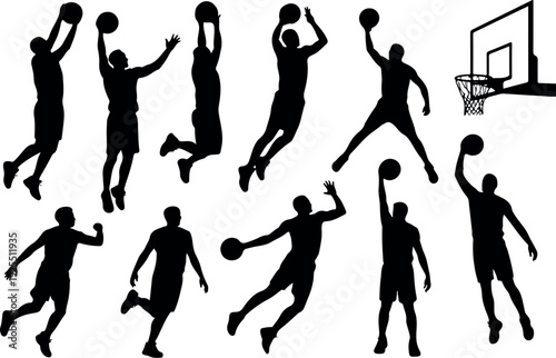 Basketball Player Silhouette Vector Set Slam Dunk and Jumping Action Poses