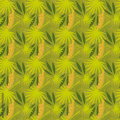 Seamless pattern with abstract palm leaves. Hand drawn color vector illustration for your projects.