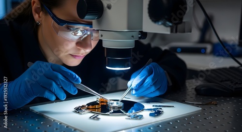Woman examining computer hard drive parts under microscope in dark lab