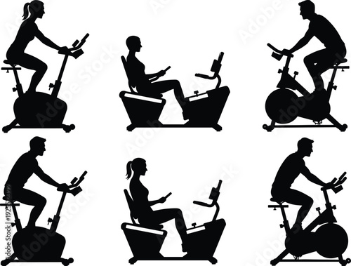 Exercise bike silhouette illustration, upright and recumbent stationary cycling, fitness training vector artwork, gym workout equipment design, cardio exercise, health and wellness concept.