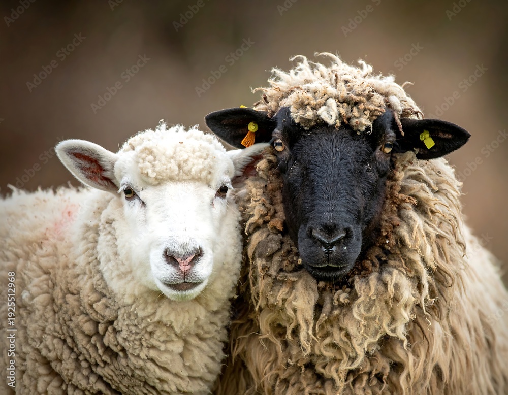 Obraz premium Two sheep of different breeds pose close together, a study in textures