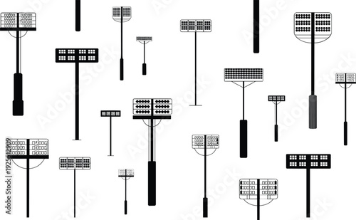 Stadium and sports field light pole illustration set, outdoor lighting fixture designs, stylized vector graphics for architecture, engineering, and urban planning themes