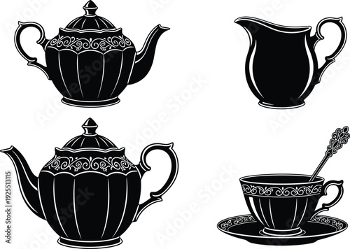 Vintage teapot and teacup vector set, black silhouette icons of tea kettles, creamer pitcher, and saucer with spoon for cafe and kitchen design