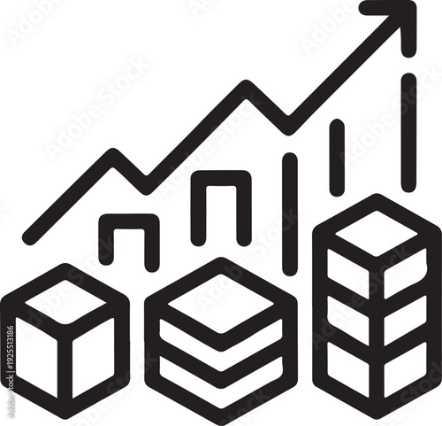 Digital Asset Growth Analytics Icon with Rising Graph and Isometric Data Blocks for Financial Success and Information Scaling