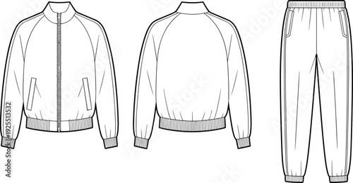 Tracksuit technical fashion drawing with zip front jacket and jogger pants, front and back view sportswear outline vector isolated on white background