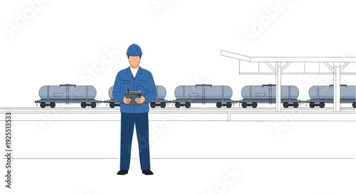 A railway worker in a blue uniform and hard hat stands in front of a row of gray industrial fuel tank cars.