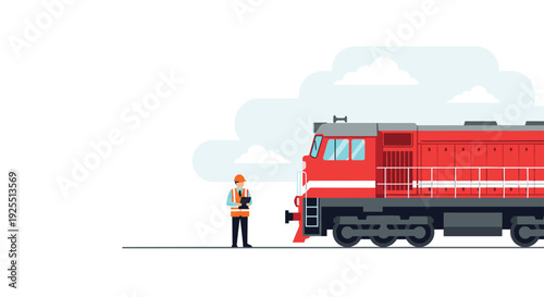 A railway employee in a safety vest and hard hat stands next to a large red locomotive engine under a cloudy sky.
