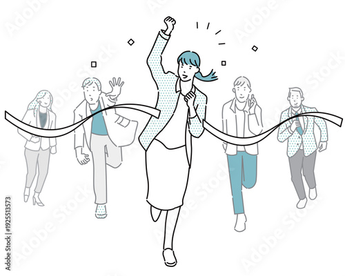 ゴールテープを切るビジネスパーソンのイメージイラストー競争の勝者ー白バックイラスト素材