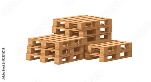 A group of wooden shipping pallets is stacked in three separate piles against a plain white background.