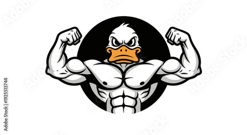 Muscular Cartoon Duck Flexing Muscles Illustration.