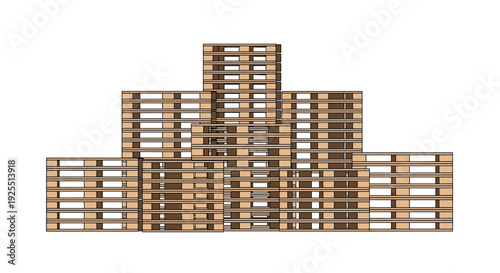 Multiple stacks of wooden pallets are arranged in a symmetrical pattern against a solid white background.