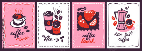 Stylish collection of coffee themed posters featuring cups, moka pot, beans and pastries in bold flat shapes. Warm pink and red palette, playful hand lettering and wavy frames create cozy cafe mood