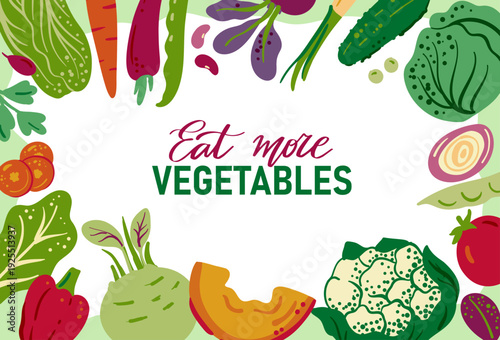 Bright vector composition with assorted vegetables forming a decorative border around elegant hand lettering. Flat shapes, vivid greens and reds, and playful organic forms create a fresh farm inspired