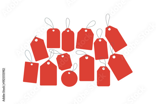 A set of red price tags on a beige background for shopping