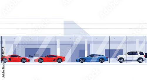 Four different colored vehicles including two red sports cars a blue coupe and a white SUV sit inside a modern glass-fronted car dealership showroom.