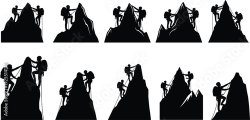 Mountain climbers silhouettes on peak, mountaineering team scaling steep cliff, outdoor adventure sports, rock climbing challenge, high altitude exploration icons, extreme achievement,
