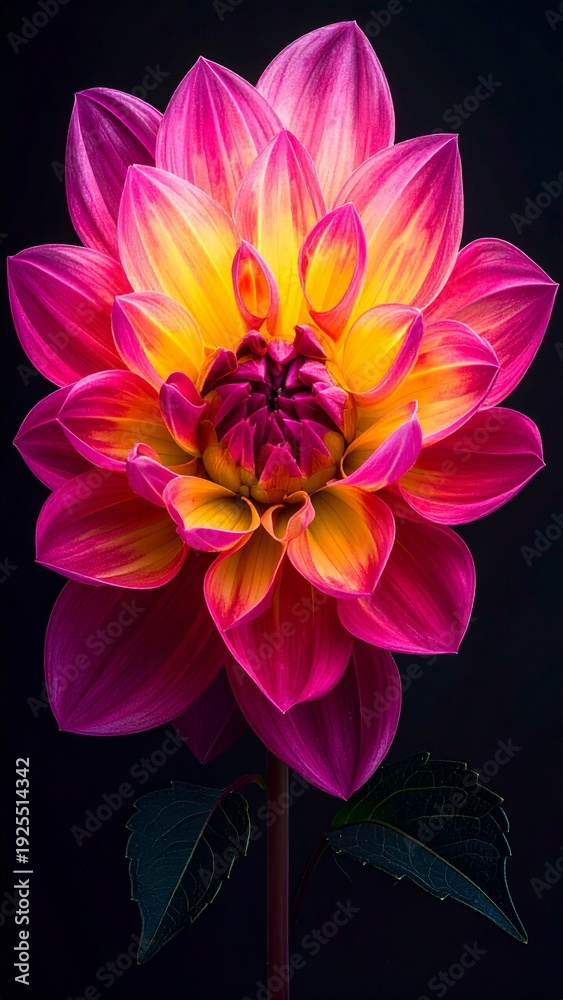 Obraz premium Radiant Dahlia Bloom with Pink Petals and Yellow Center on Black Backdrop