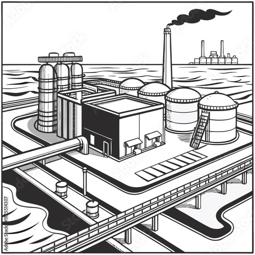 Industrial area with smokestack and pipelines