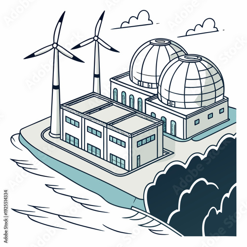 A large building with wind turbines on a small island
