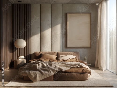 A bedroom with a bed, a lamp, and a picture on the wall