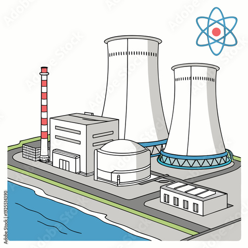 A nuclear power plant with cooling towers and a reactor