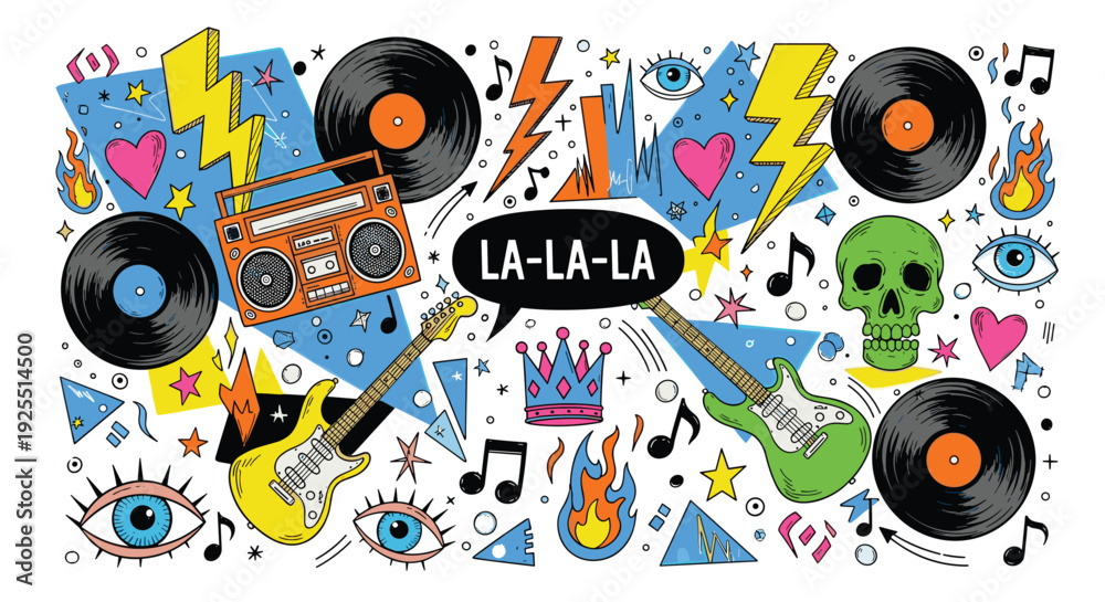Obraz premium Colorful music doodle illustration with vinyl records, electric guitars and lightning bolts, retro pop art composition for creative poster design