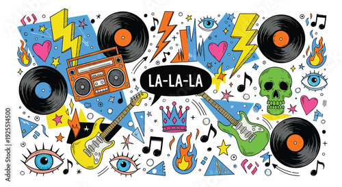 Colorful music doodle illustration with vinyl records, electric guitars and lightning bolts, retro pop art composition for creative poster design