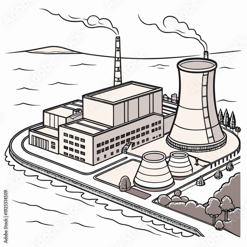 A nuclear power plant with a cooling tower and buildings