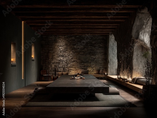 A room with a table and chairs