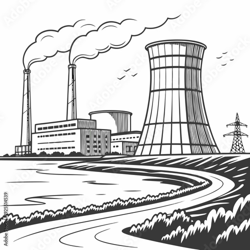 A black and white drawing of a nuclear power plant with smokestacks