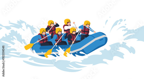 Six individuals wearing yellow helmets and red life vests paddle a large blue inflatable raft through turbulent white water foam on a plain background.