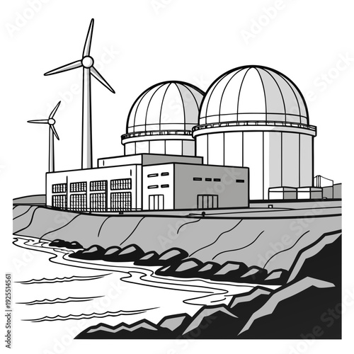 Observatory with wind turbines on a cliffside