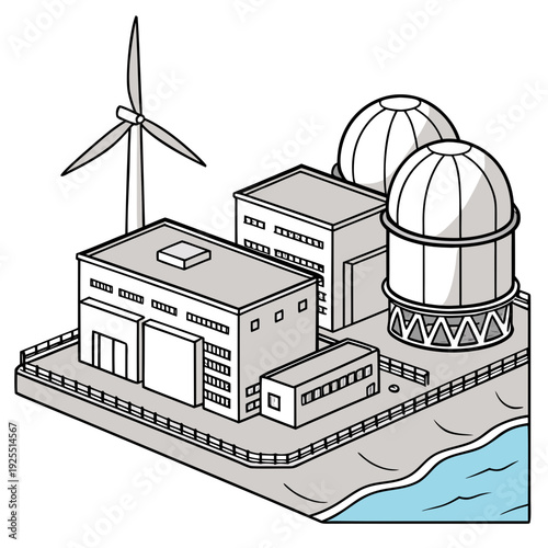 A nuclear power plant with a wind turbine