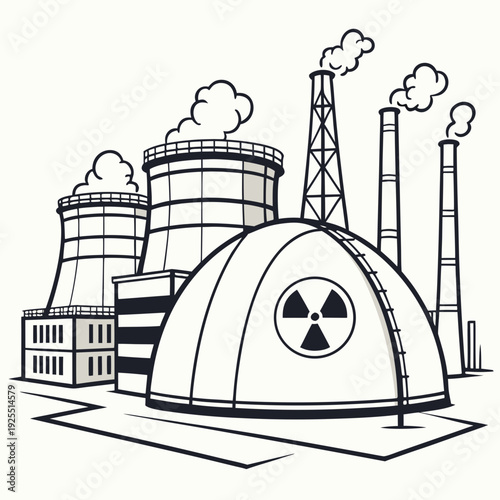A nuclear power plant with a dome and smokestacks