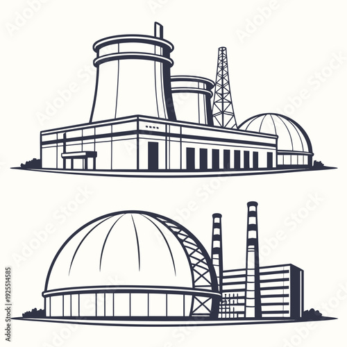 A detailed drawing of a nuclear power plant with cooling towers
