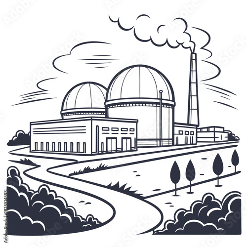 A black and white drawing of a nuclear power plant with smokestacks