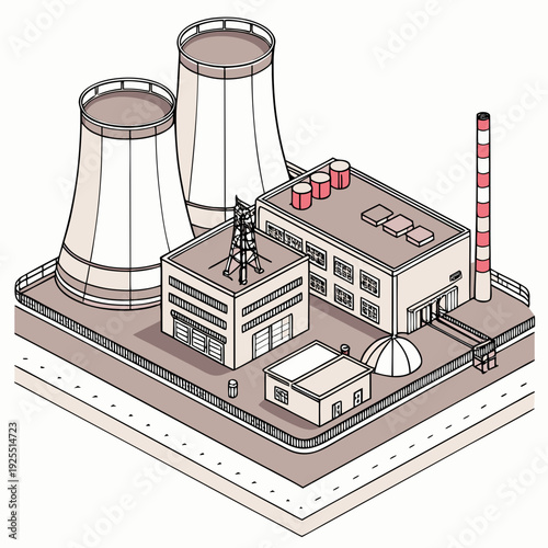 A 3d illustration of a nuclear power plant with cooling towers
