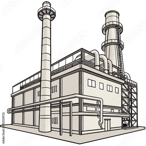 A large industrial building with two smokestacks