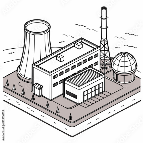 A nuclear power plant with a cooling tower and a reactor building