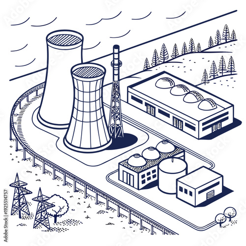A nuclear power plant with cooling towers and buildings