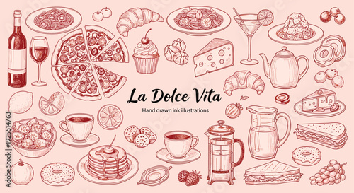 Italian cuisine hand drawn illustration set with pizza, pasta, wine and desserts, vintage sketch food collection for restaurant menu design