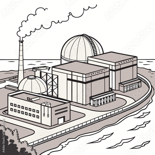 A nuclear power plant with a large cooling tower